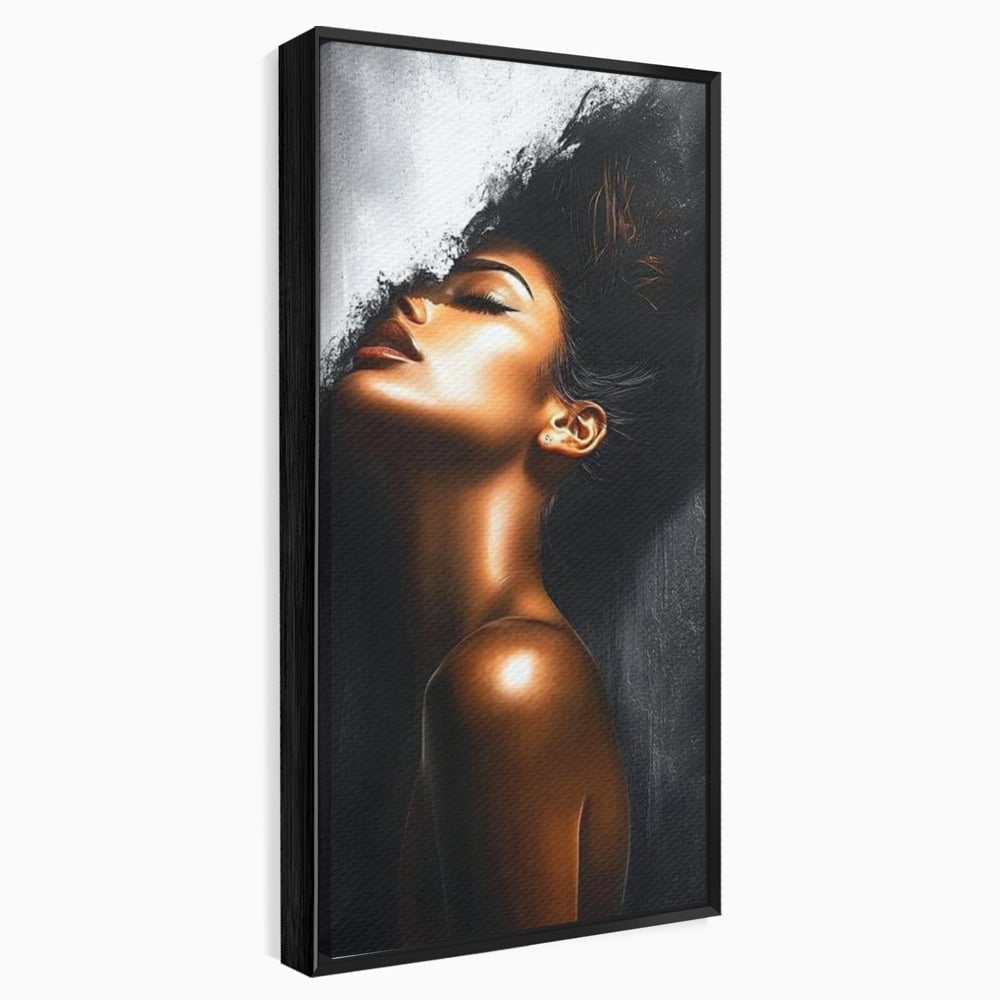Tablou canvas cu tablou canvas cu portretul unei femei, in rama de aluminiu negru